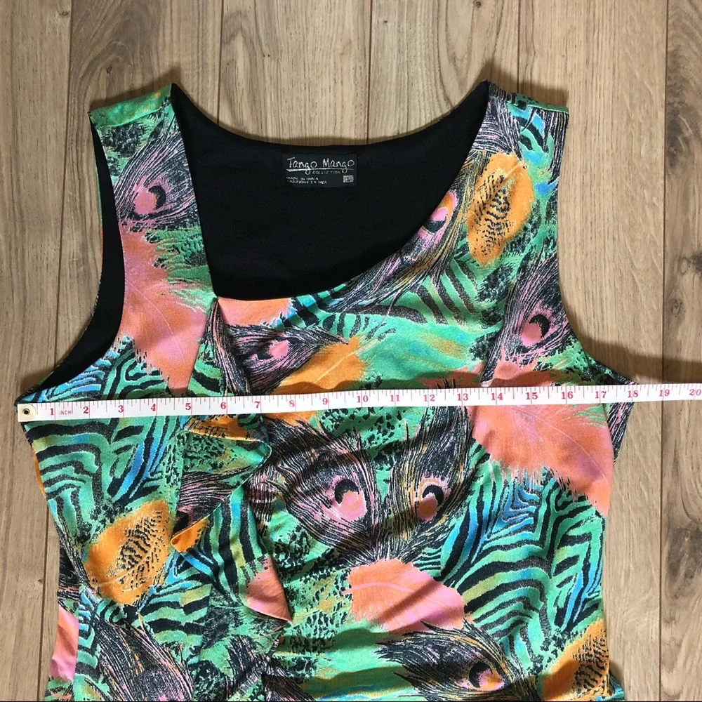 Women’s Tango Mango Tropical Ruffled front feathers & animal print dress size L - Picture 8 of 14